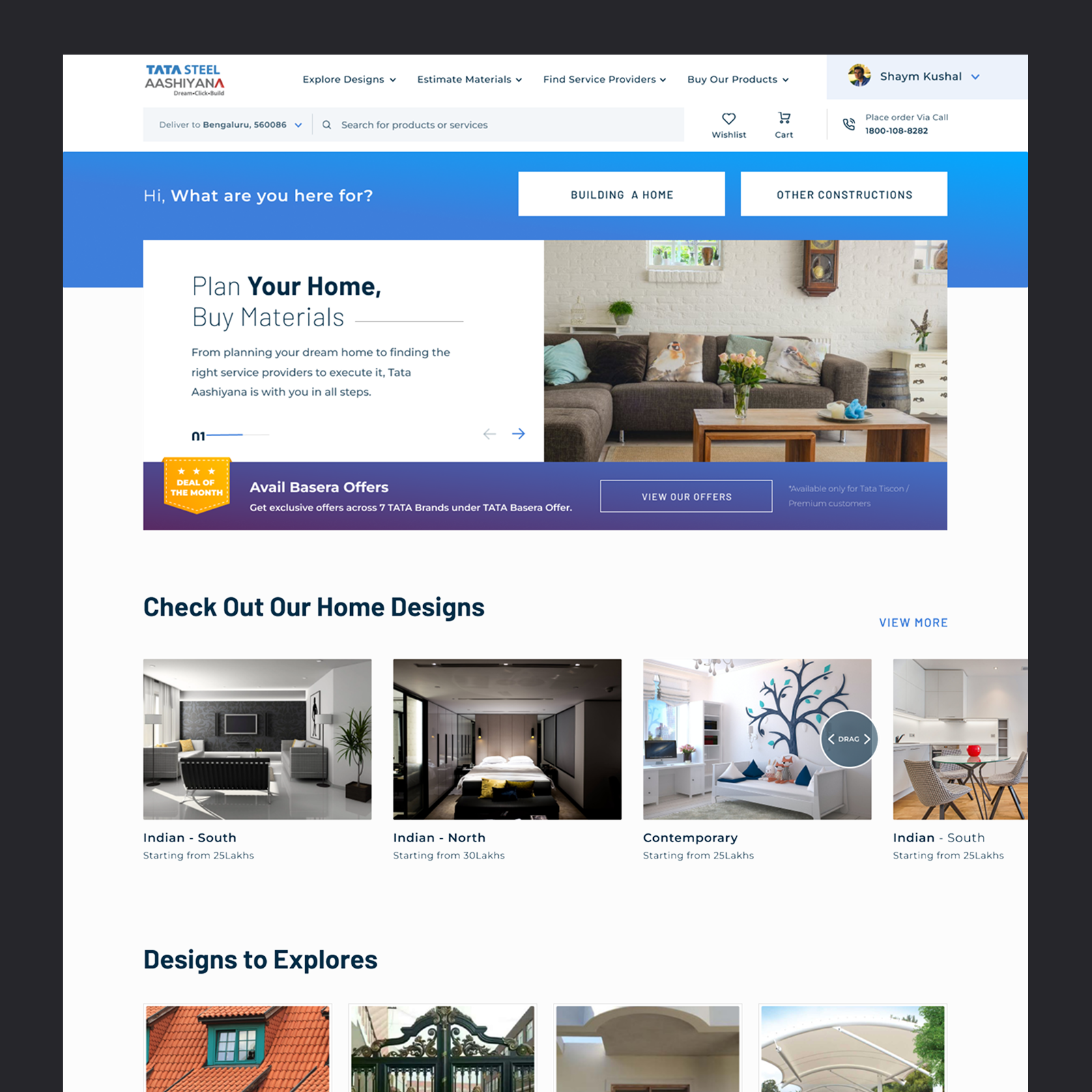 TATA STEEL Aashiyana homepage exploration — gradient hero banner with home designs carousel