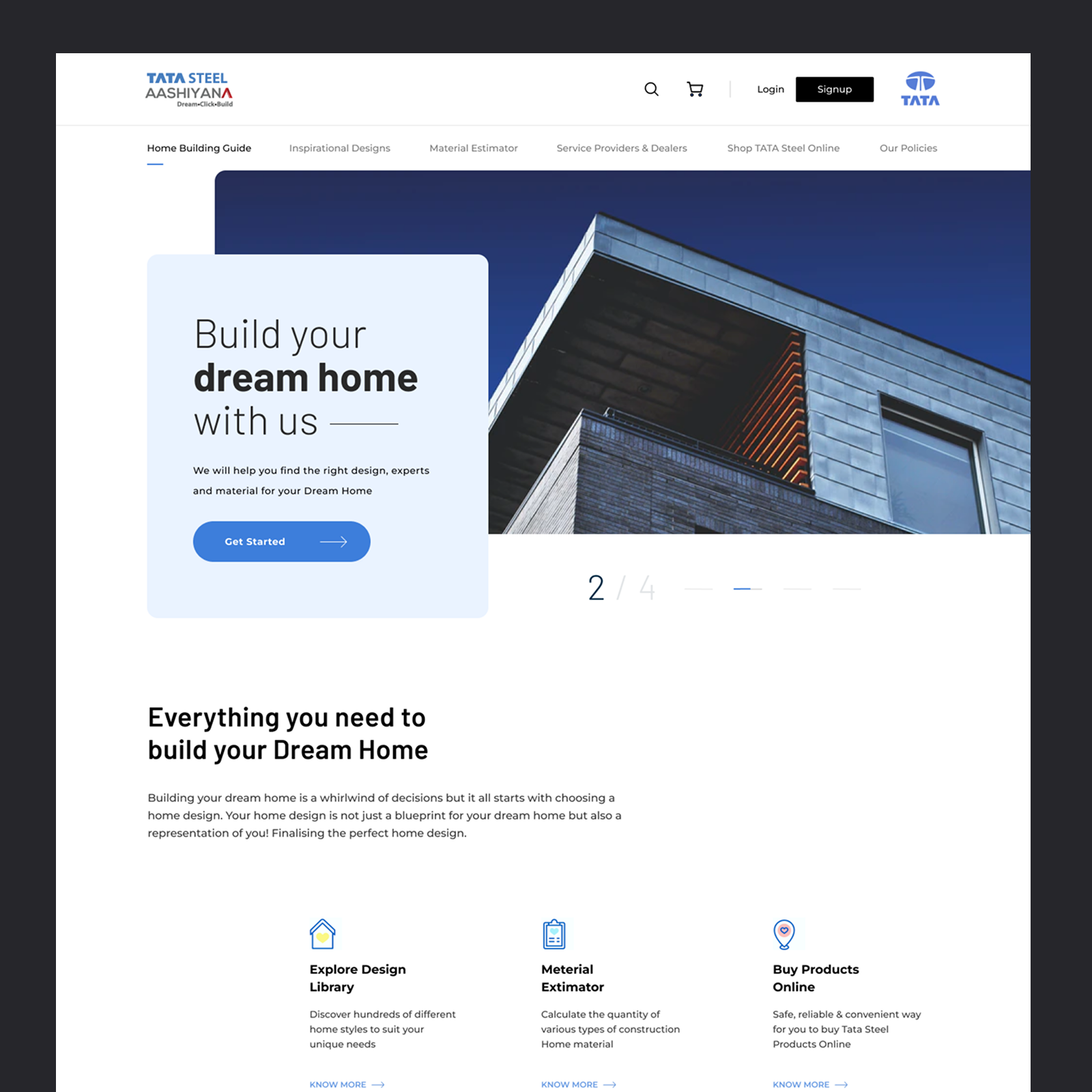 TATA STEEL Aashiyana homepage exploration — build your dream home hero with architecture imagery