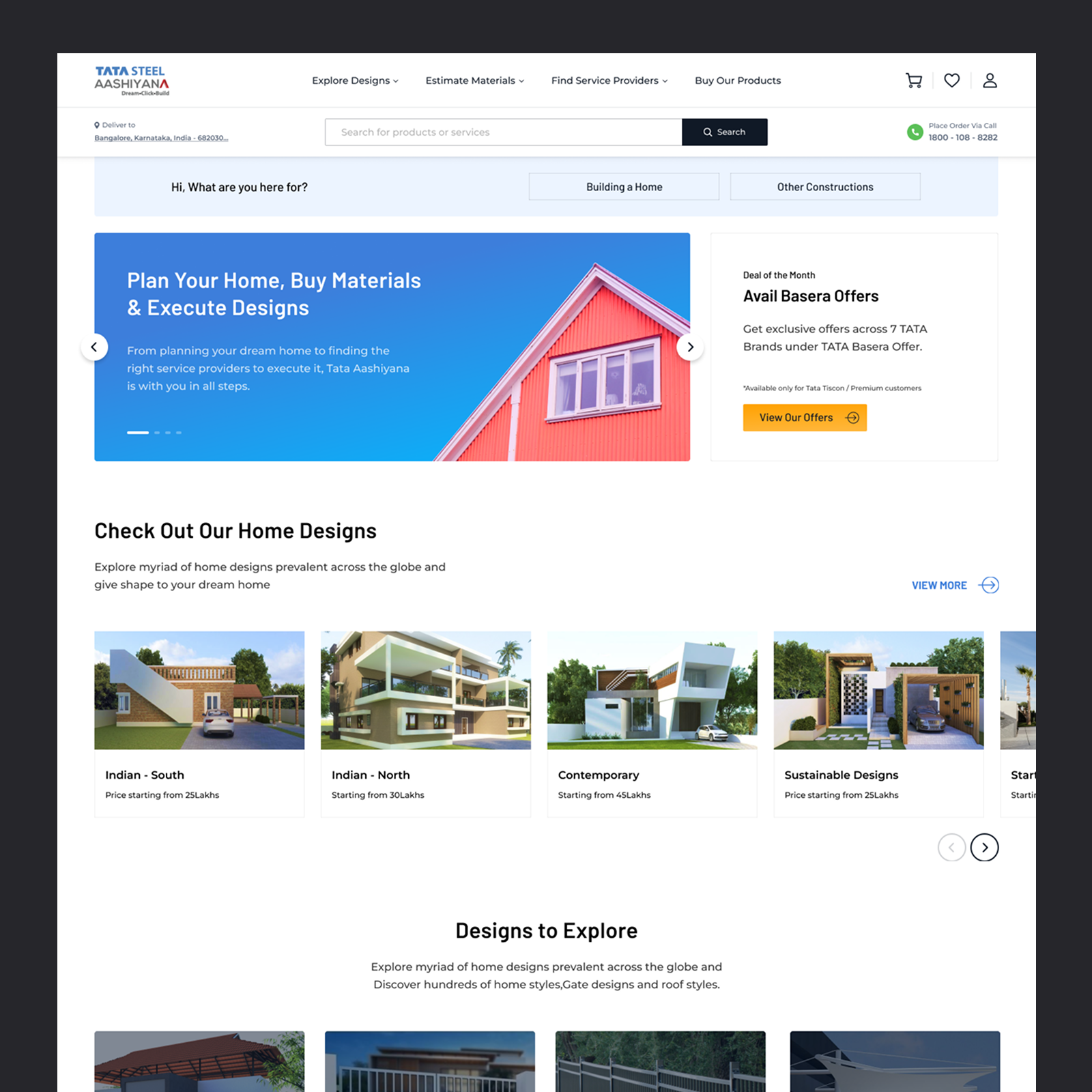 TATA STEEL Aashiyana homepage exploration — split hero banner with deal of the month offer