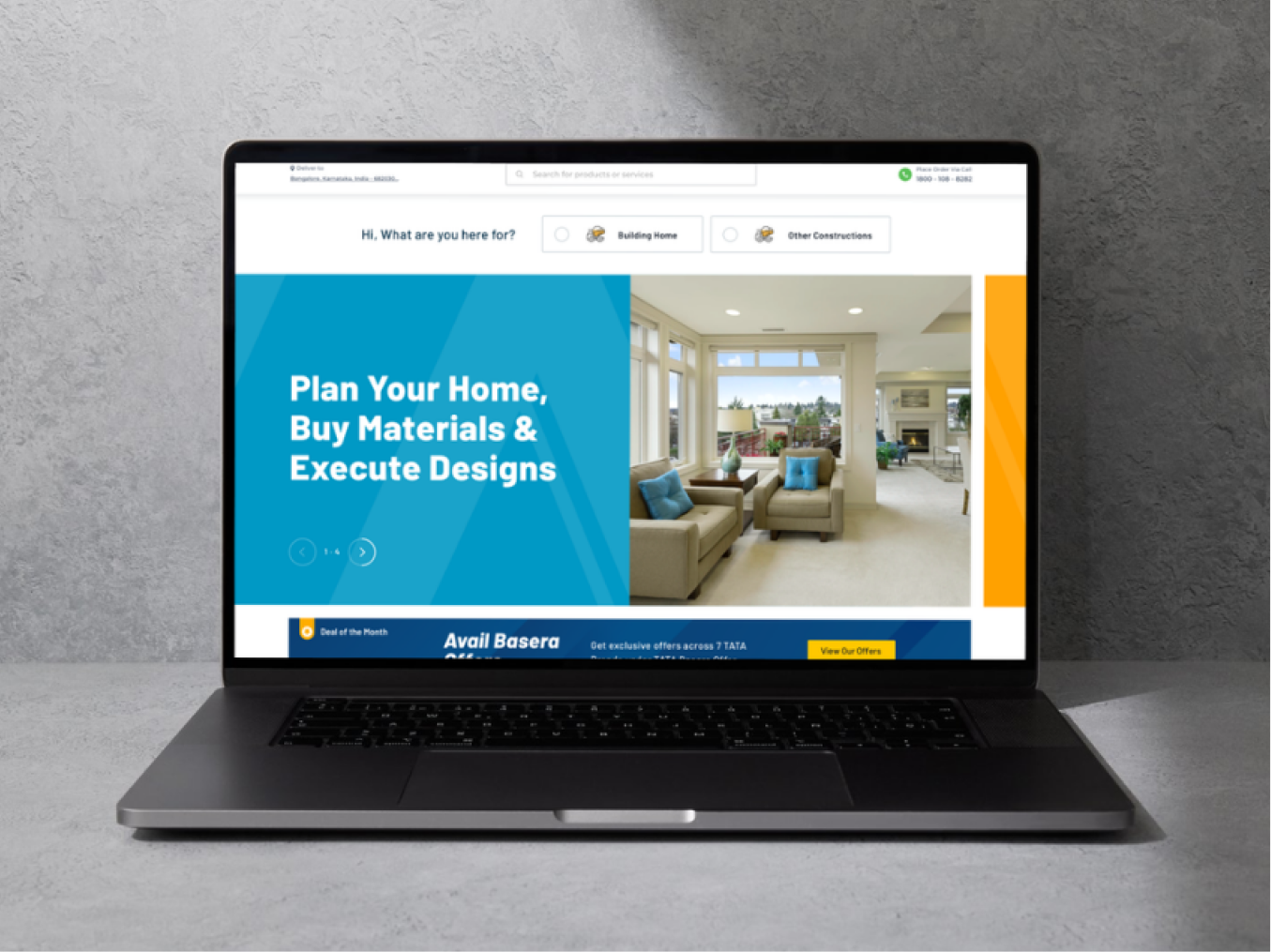 TATA STEEL Aashiyana homepage hero — plan your home, buy materials and execute designs, on laptop