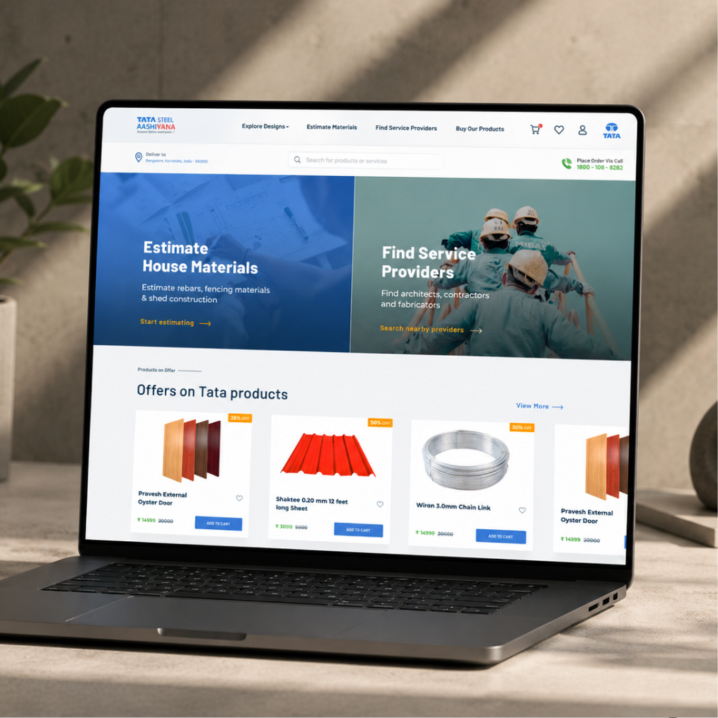TATA STEEL Aashiyana estimate materials and find service providers sections, on laptop