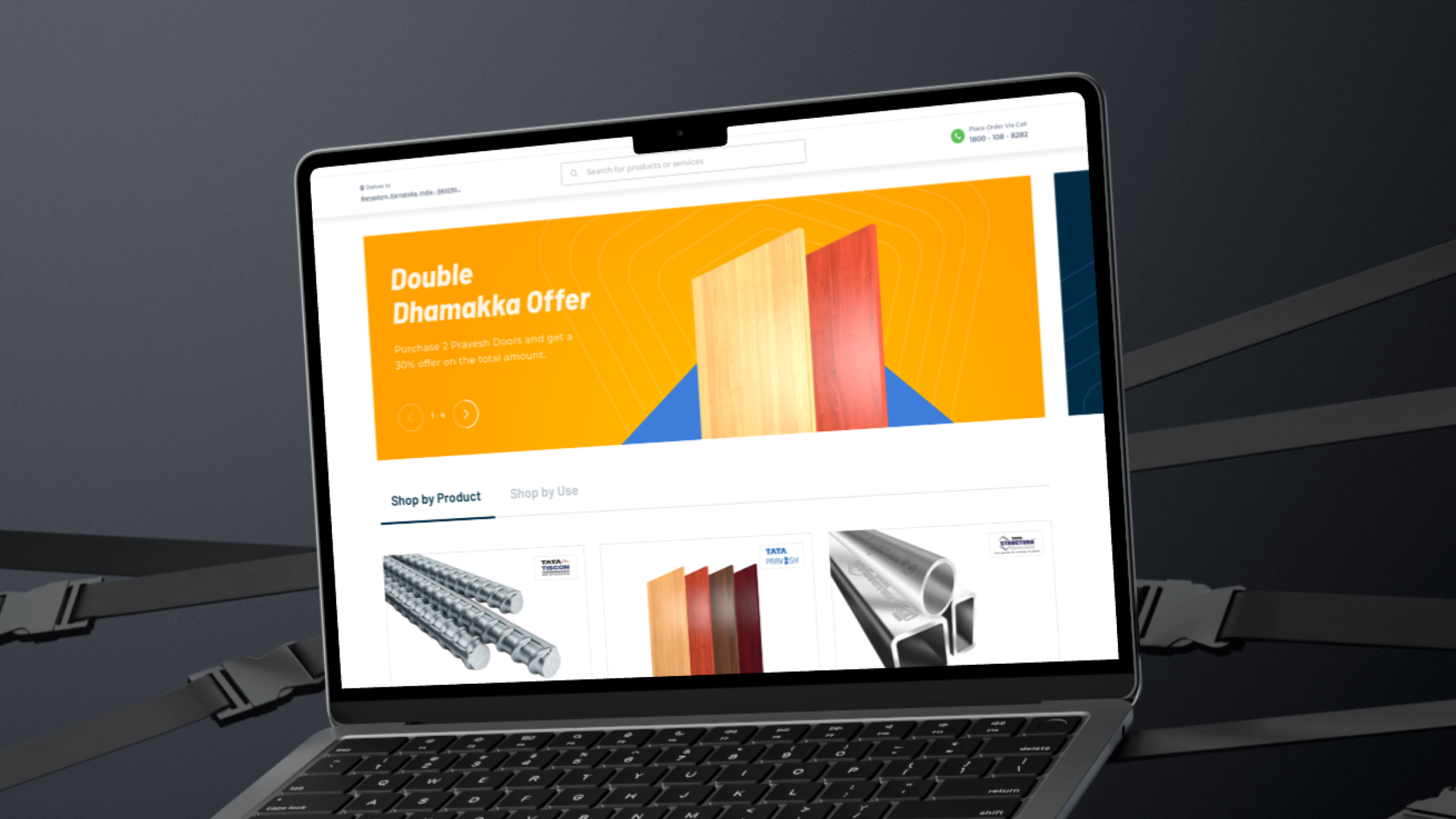 TATA STEEL Aashiyana product offers and shop by product section, on laptop