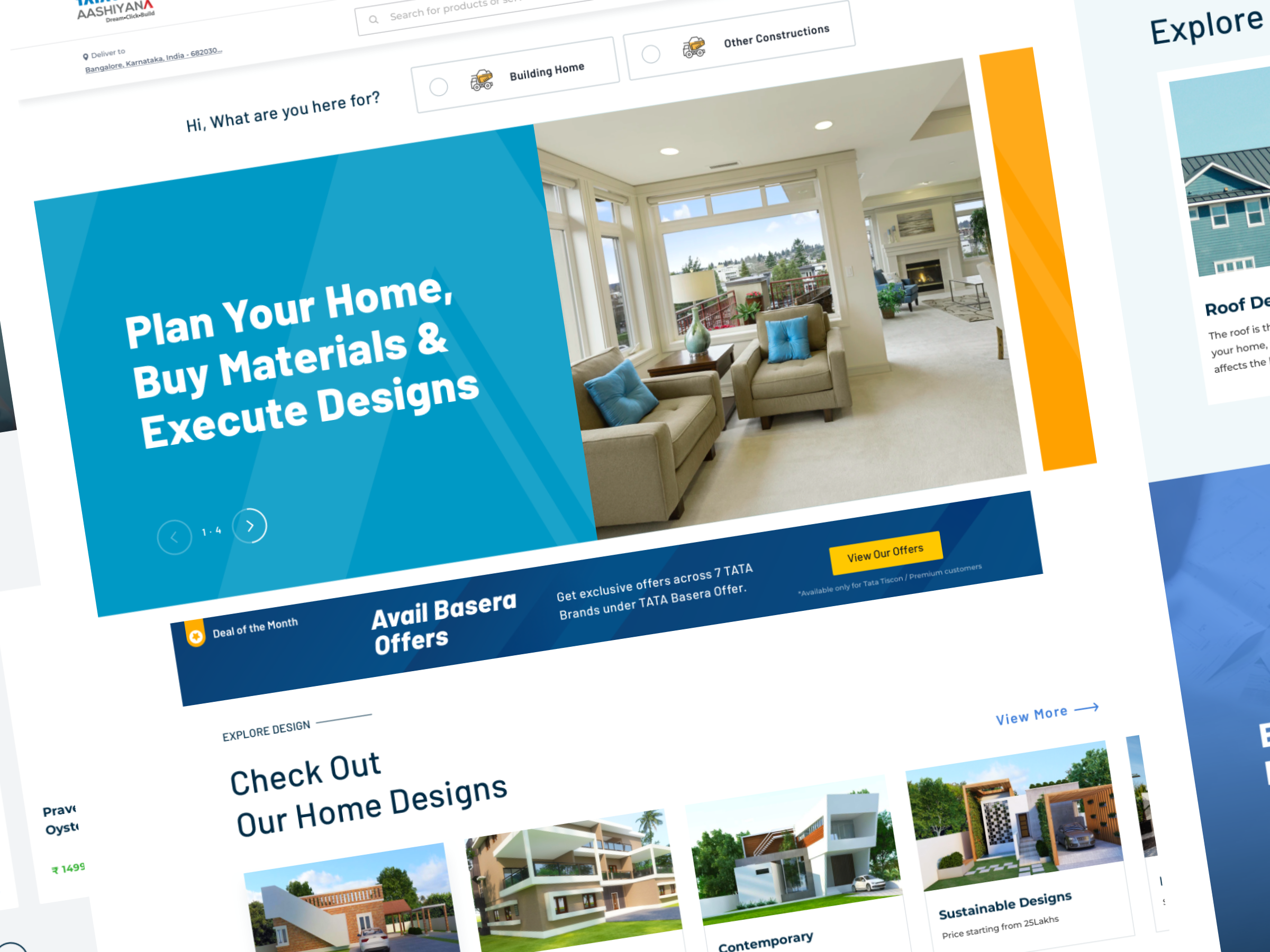 TATA STEEL Aashiyana final homepage — hero banner and home designs carousel