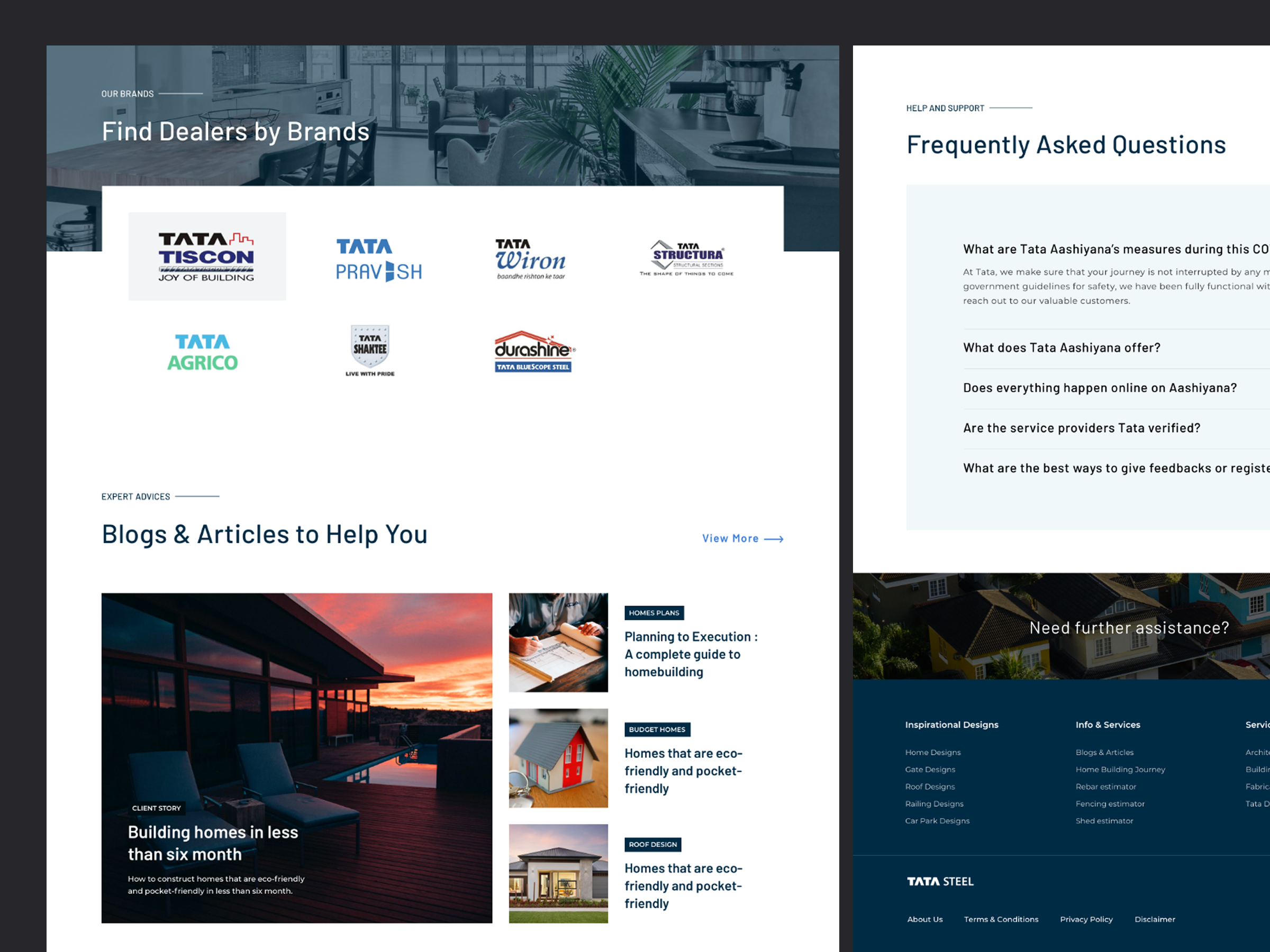 TATA STEEL Aashiyana final homepage — find dealers by brand, blogs and articles, and footer