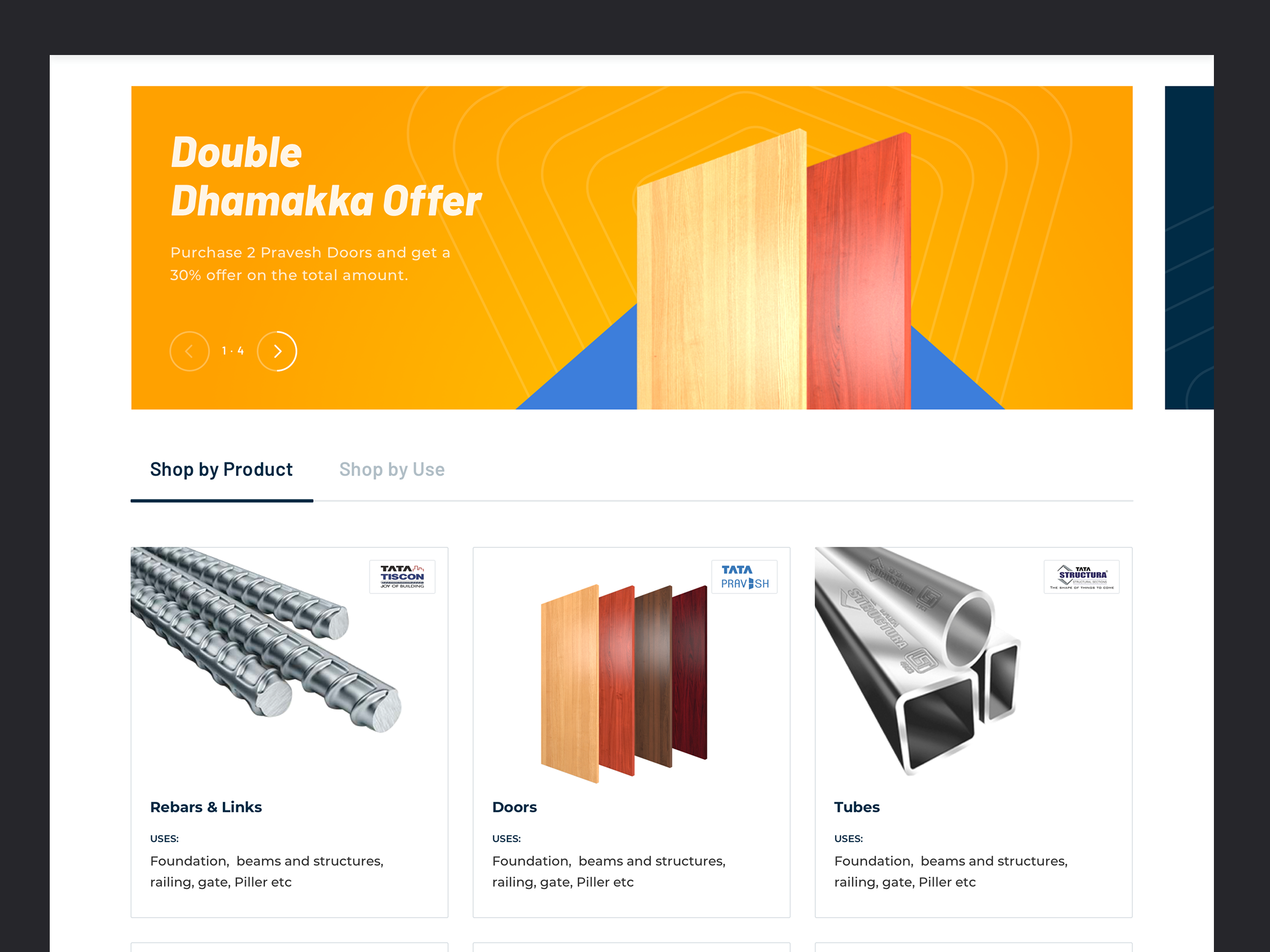 TATA STEEL Aashiyana shop by product page — rebars, doors, and tubes listings