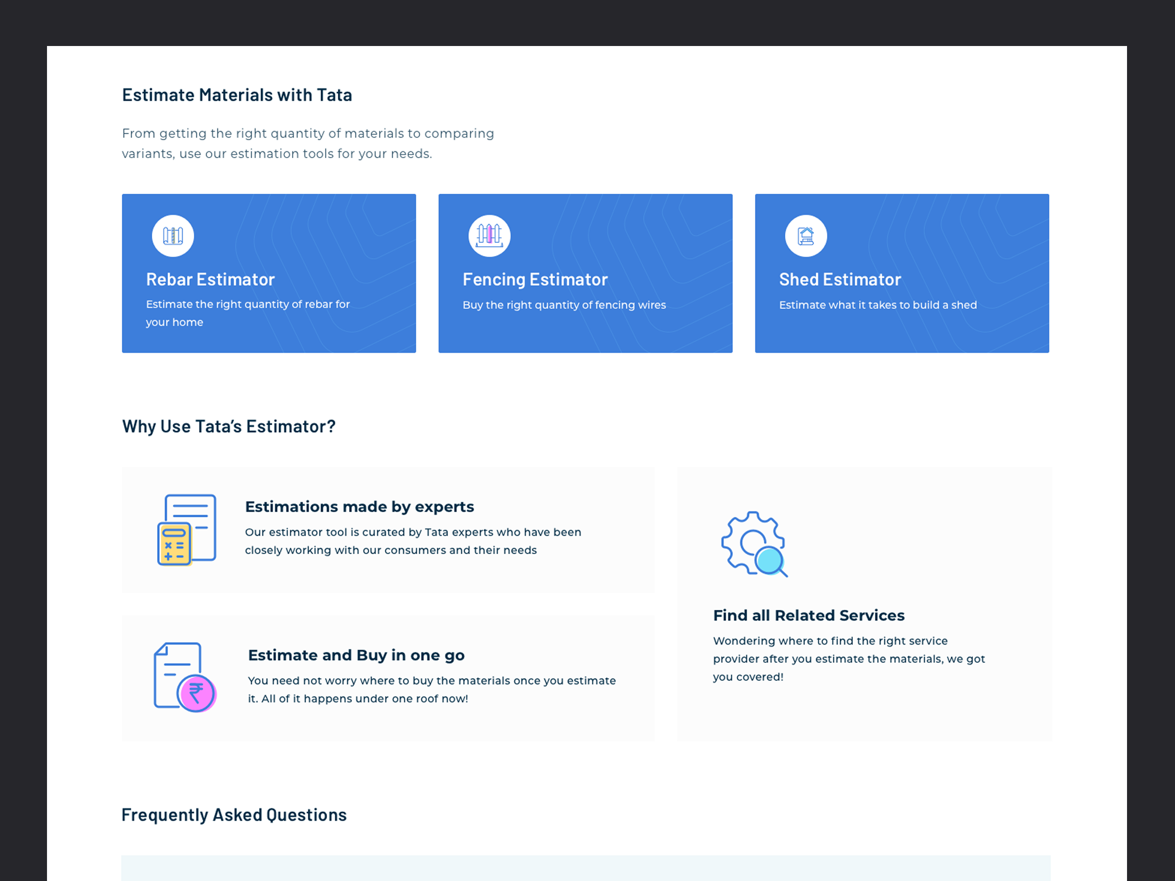 TATA STEEL Aashiyana material estimator page — rebar, fencing, and shed estimator tools
